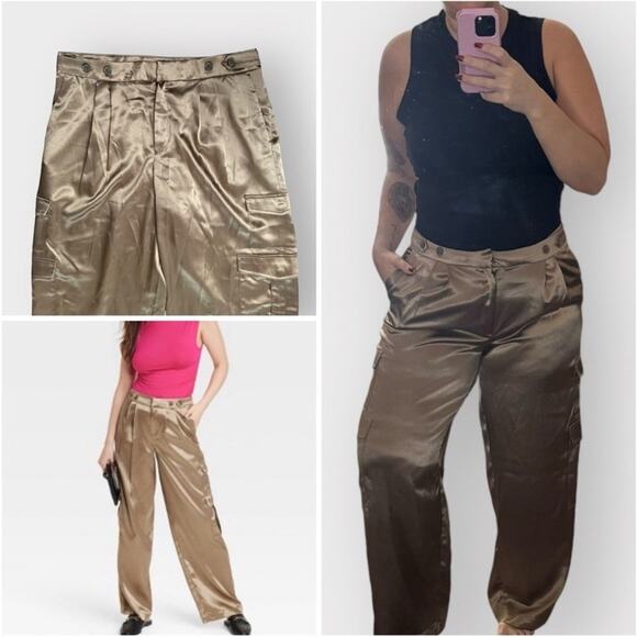 a new day Pants - NEW A New Day gold satin wide leg pleated cargo trouser pants